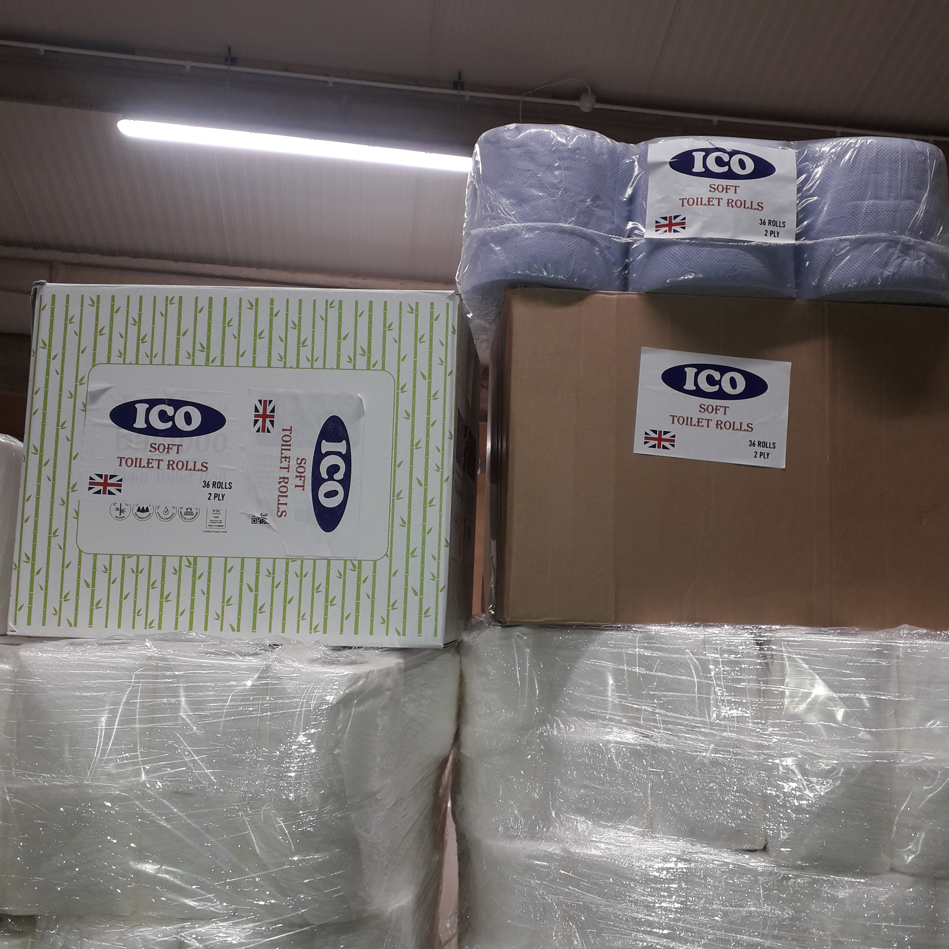 ICO Papers toilet rolls in bulk box packaging